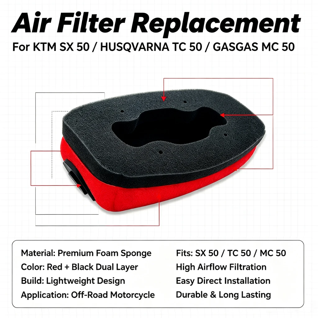Motorcycle Air Filter Cleaner For KTM HUSQVARNA GASGAS SX50 TC50 MC50 2024-2025 Bikes Sponge Element Dual Foam Layer Washable