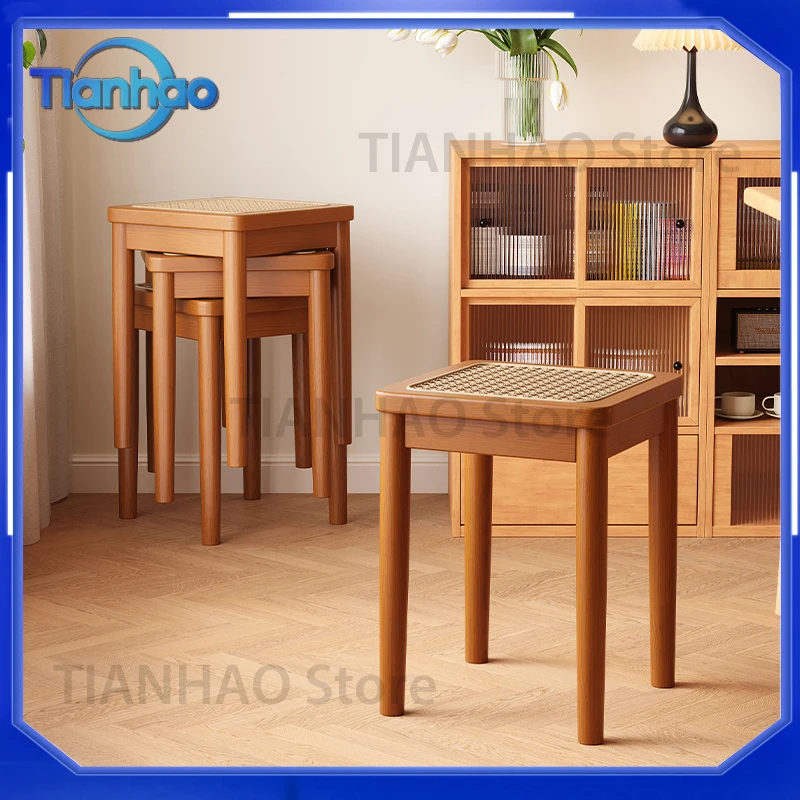 Rattan Woven Stool for Real Wood Dining Table Stackable Mid Century Style Square Footstool for Living Room Guest Extra Tall