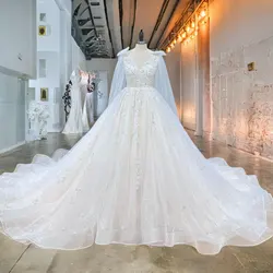 Hire Lnyer V-Neck Lace Up Back Bow Shoulder Straps Shiny Beading Pearls Gorgeous Ball Gown Wedding Dress With Chapel Train