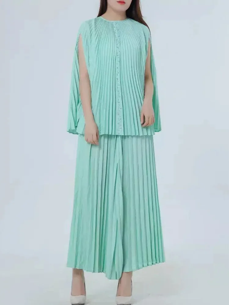 ANLAN Elegant Pleated 2 Pieces Set Rivet Sleeveless Top + Wide Leg Pants Loose Solid Women's Clothing 2024 Summer New 5G9216