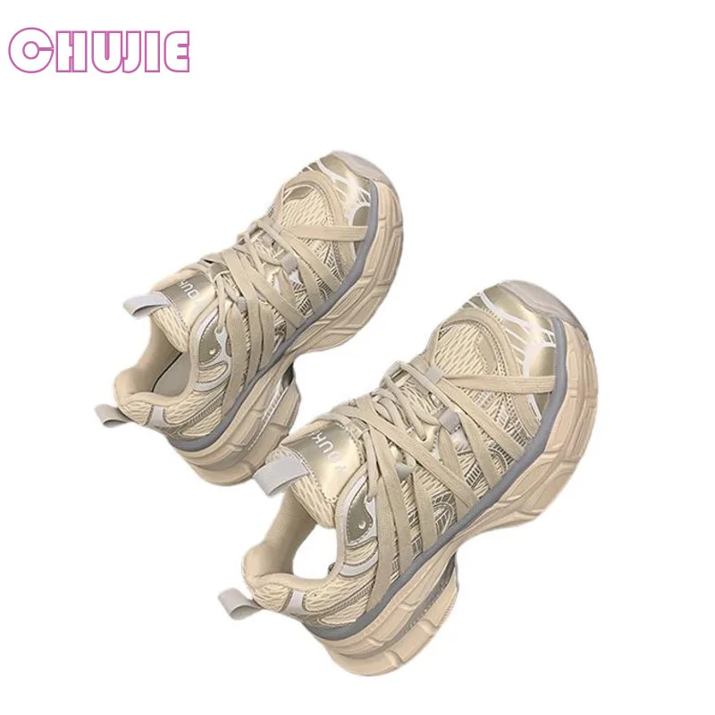 

BRANGDY Thick Soled Breathable Mesh Sports Shoes Women Autumn Winter Lightweight Height Increasing Strap Sports Leisure Shoes