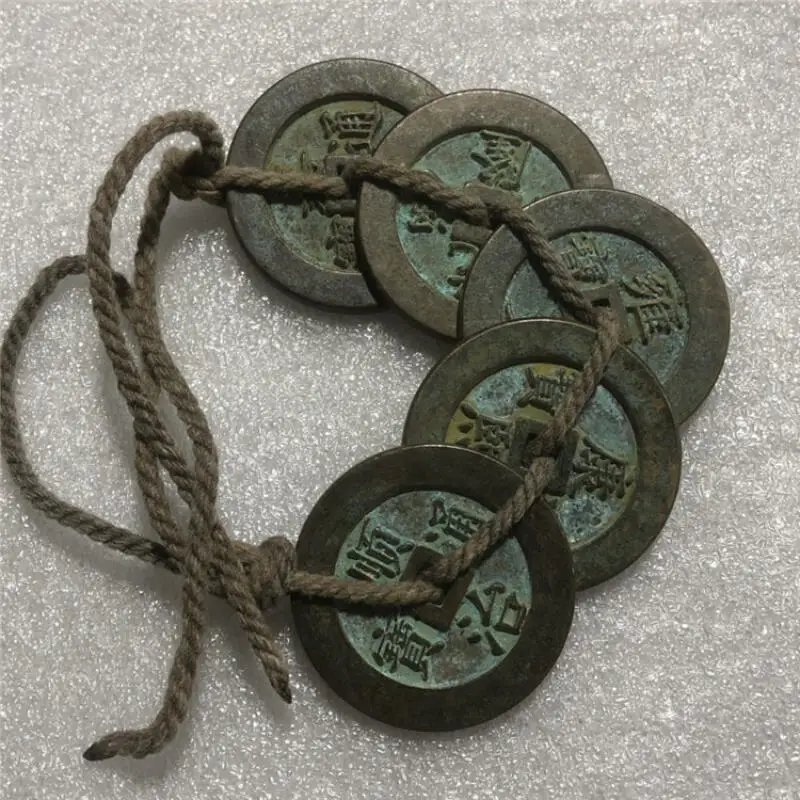 Antique crafts Brass retro Coin String Five Emperor Coins Square Hole Decoration coins Ornament FOLK ART Collection