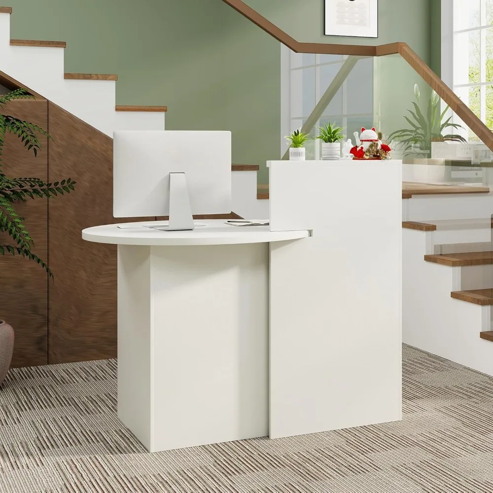 Reception Desk, Small Retail Checkout Counter with Lockable Drawer and Open Shelves, Wooden Front Desk Reception Counter