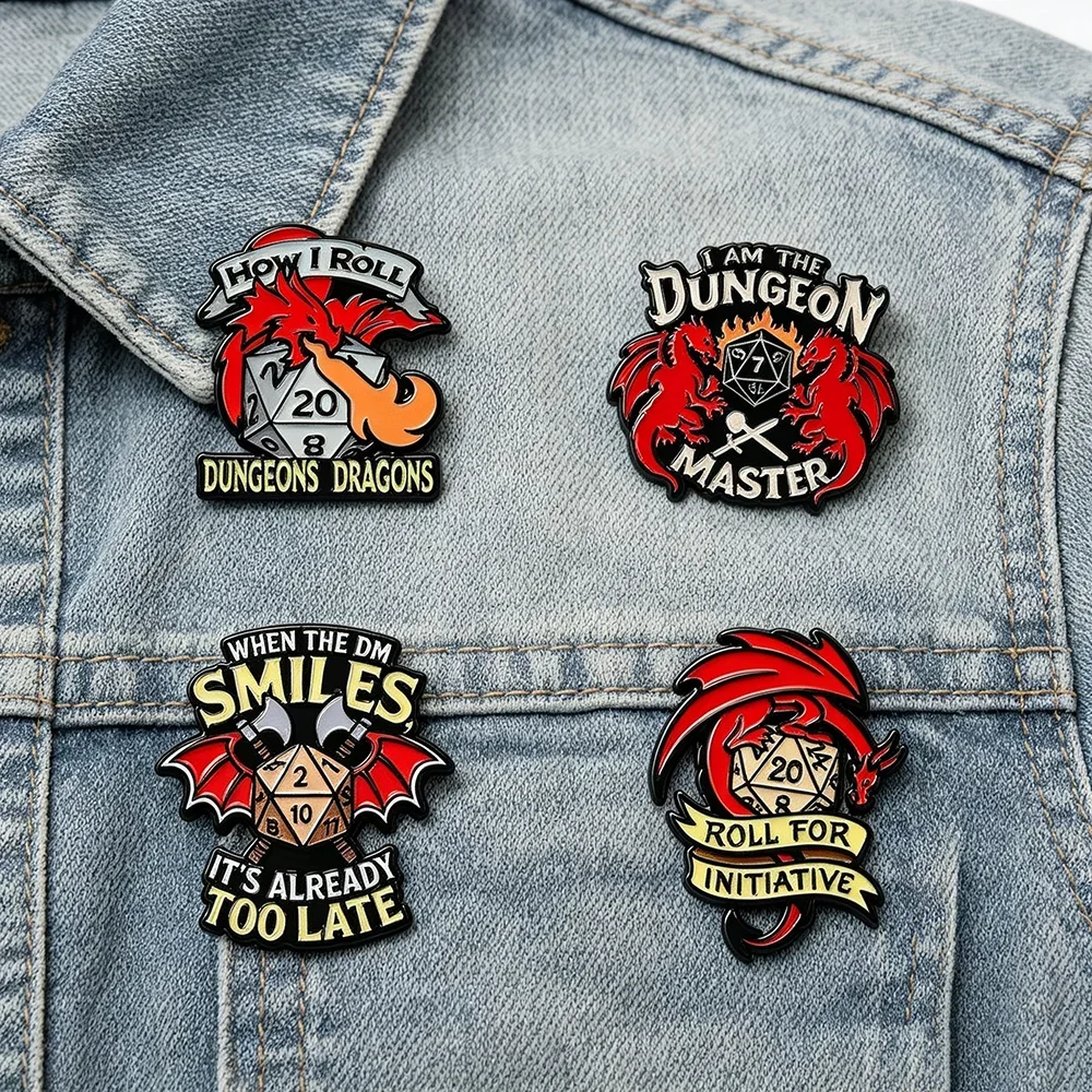4Pcs DnD Dungeon Dragon Dice Hard Enameled Pins Set Fashion Manga Brooches For Fans Collectible Jewelry Accessories For Fans