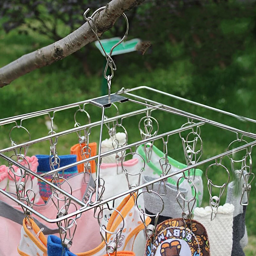 

26 Pegs Metal Sock Drying Rack Square Laundry Hanger Windproof Clips Space Saving Multi-Functional Clothes Holder Silver