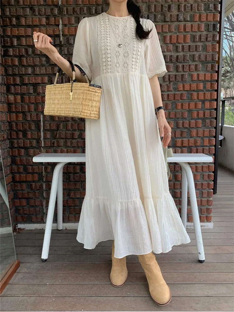 المرأة الياقة المستديرة قصيرة الأكمام الدانتيل الكروشيه فستان كاجوال فضفاض شاطئ حورية البحر عطلة فساتين طويلة بوهو نمط الأبيض Vestidos