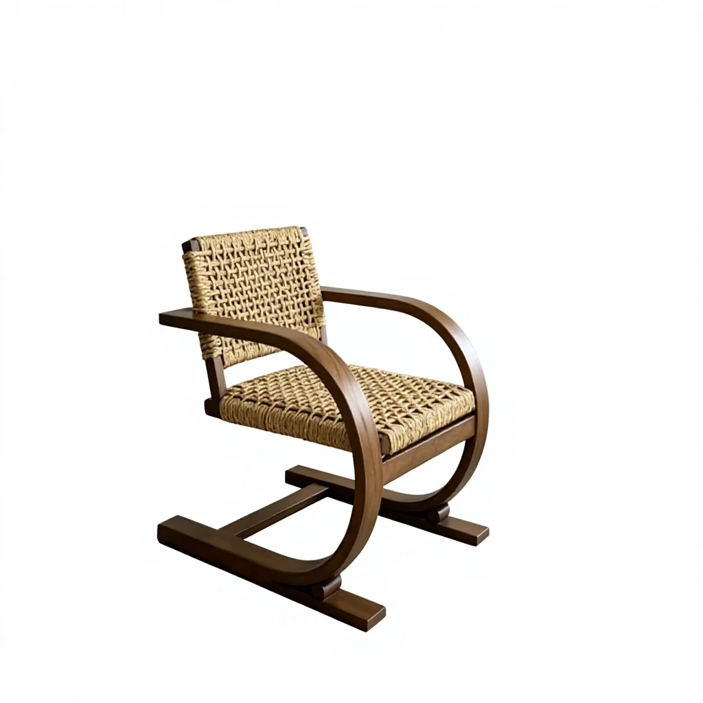 #Contemporary Genuine Leather Rocking Chair with Hand-Woven Detail and Curved Wood Base for Living Room Furniture