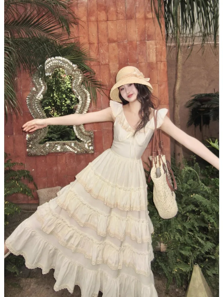 Woman French Elegant Midi Dress Even Party Holiday Fairy Cake Dress Casual Beach Pure Color Korean Fashion Dress Slim Design