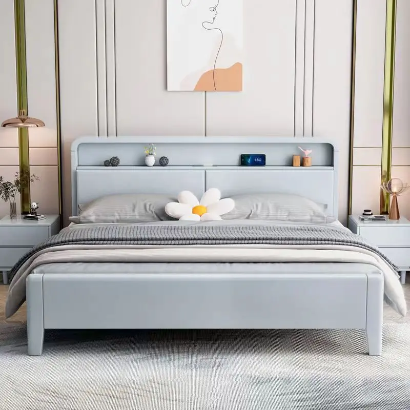 

Nordic solid wood bed, white modern simple master bedroom double bed