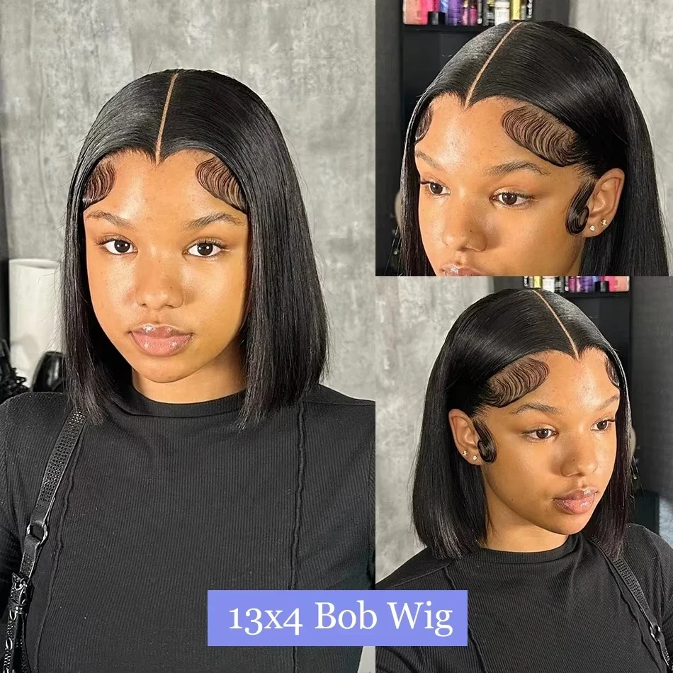 300% Density 13x4 HD Lace Front Drawstring Straight Wig Glueless Wigs Human Hair Pre Plucked Bob Wig Natural Black Human Hair