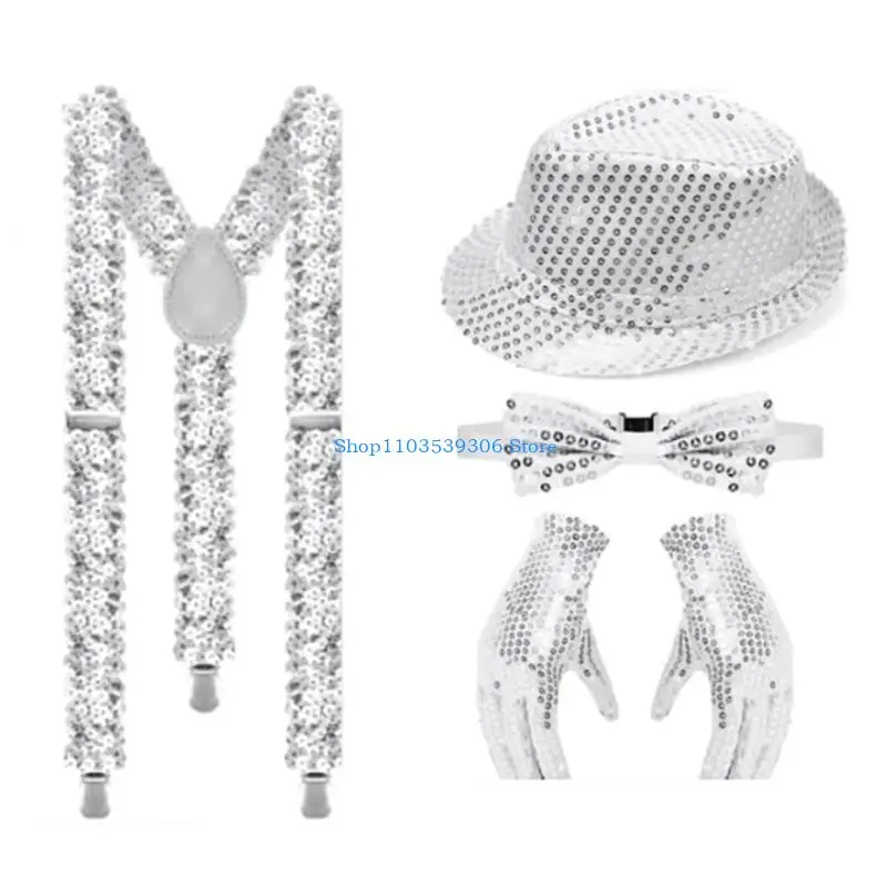 400A Fedoras +Bowtie + Glove Set Magicians Hat Sequined Magicians Hat Cosplay