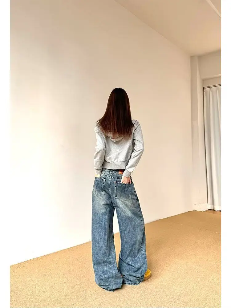 Vrouwen Vintage Klinknagel Gothic Zwarte Jeans Hoge Taille Jaren '90 Japanse Harajuku Losse Wijde Pijpen Broek Streetwear Micro-Flare Broek