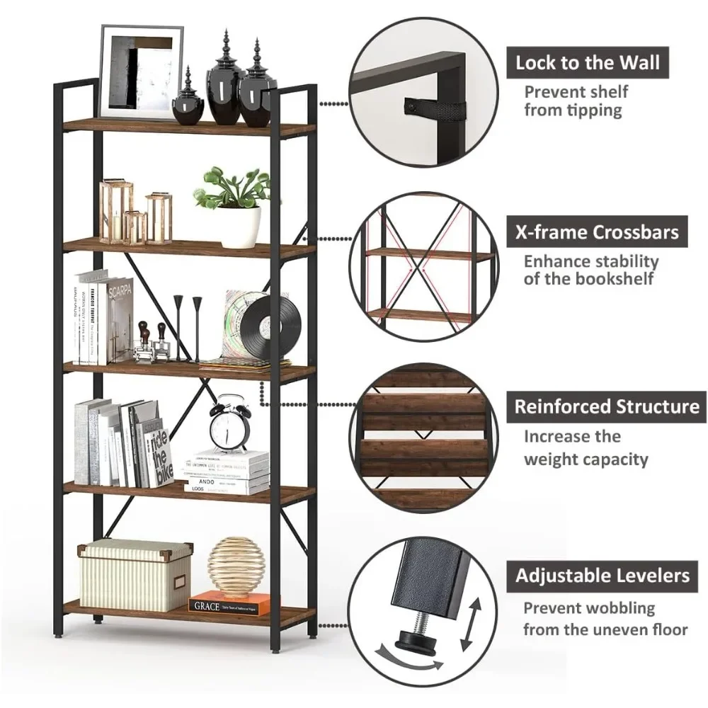 BON AUGURE Industrial Bookshelf, Etagere Bookcases and Book Shelves 5 Tier, Rustic Wood and Metal Shelving Unit (Rustic Oak)