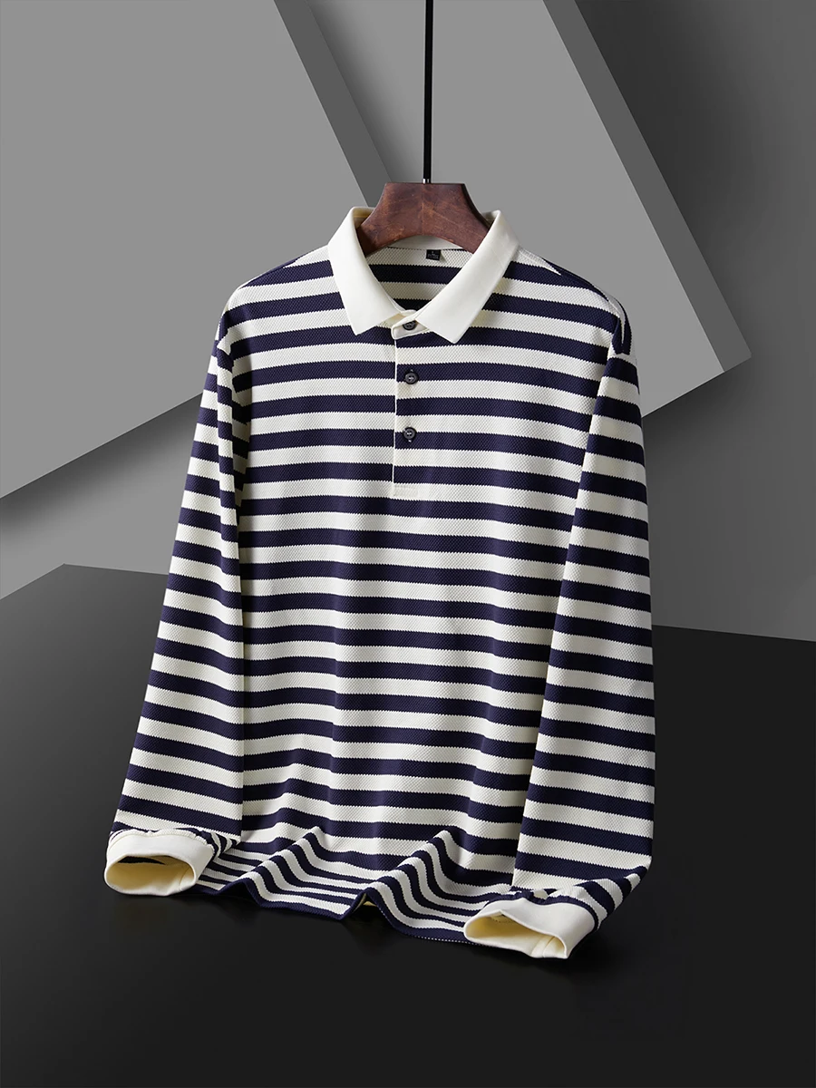 T Luxury  Lapel Men Long Sleeve High Quality Spring and Autumn Wear Fashionable Striped Color Matching Men's T-shirt Polo Shirt image 6