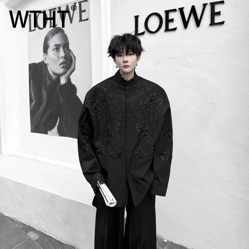 

WTHT Trendy Men's Heavy Industy Flower Embroidery Design Shirts Fashion Long Sleeves Lapel Loose Tops Male 2025 Autumn 2A1472