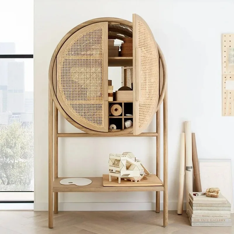 Nordic solid wood rattan entrance cabinet wine cabinet integrated living room home screen partition simple modern home shelf