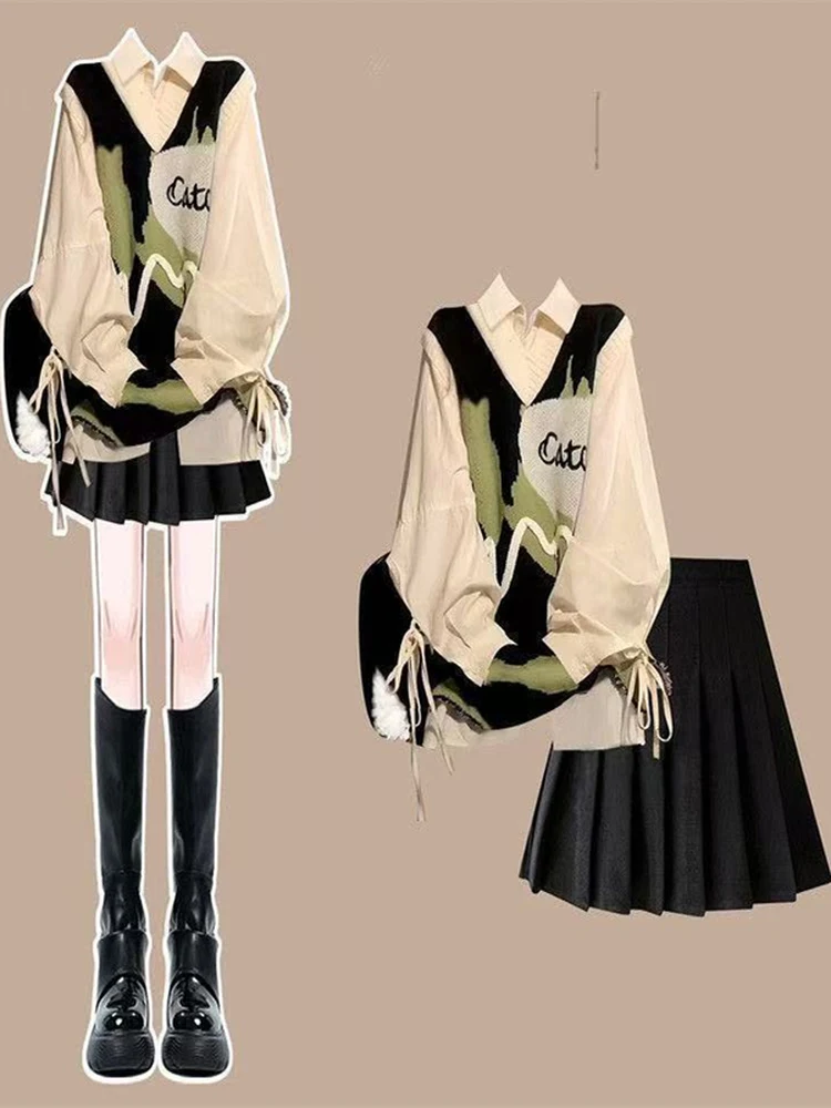 

Женский вязаный свитер с галстуком, жилет, комплект из двух предметов, винтажная лоскутная цветная блузка, американский дизайн, повседневная модная одежда