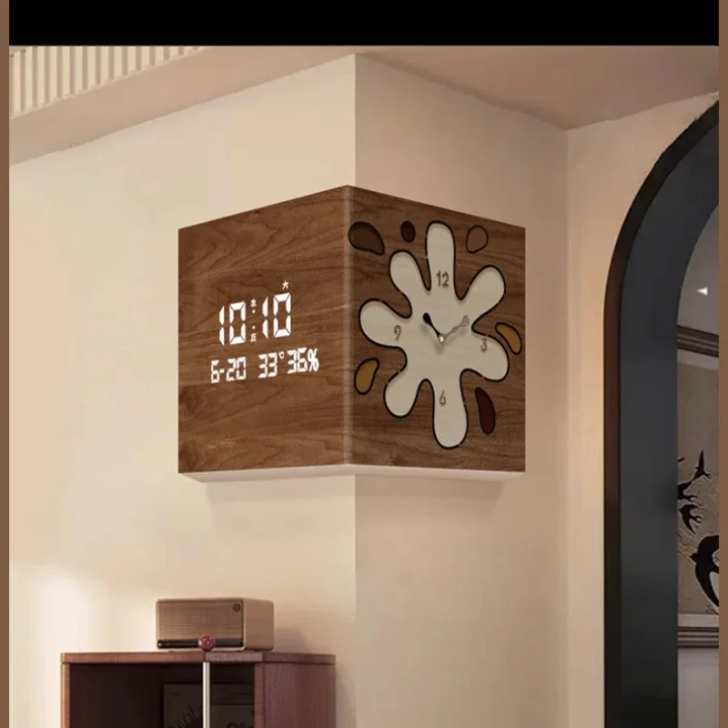 Wooden Style Living Room Corner Clock with High-end Feel Double-sided Wall Clock for Home Decoration Calendar Electronic Clock