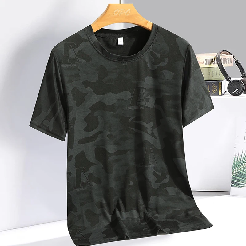 2023 Summer New Ice Silk T-shirt Camo Personalized European, American, British Wind Speed Dry Short Sleeve T-shirt