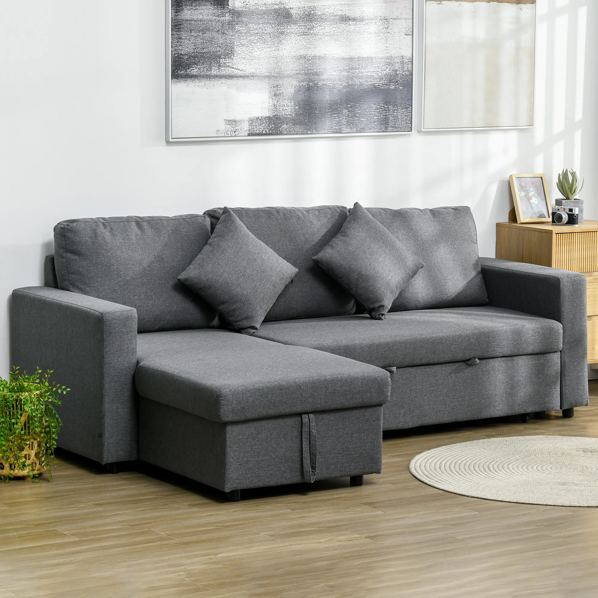 HOMCOM Sofá cama esquinero con almacenamiento, sofá cama extraíble de 3 plazas, gris oscuro