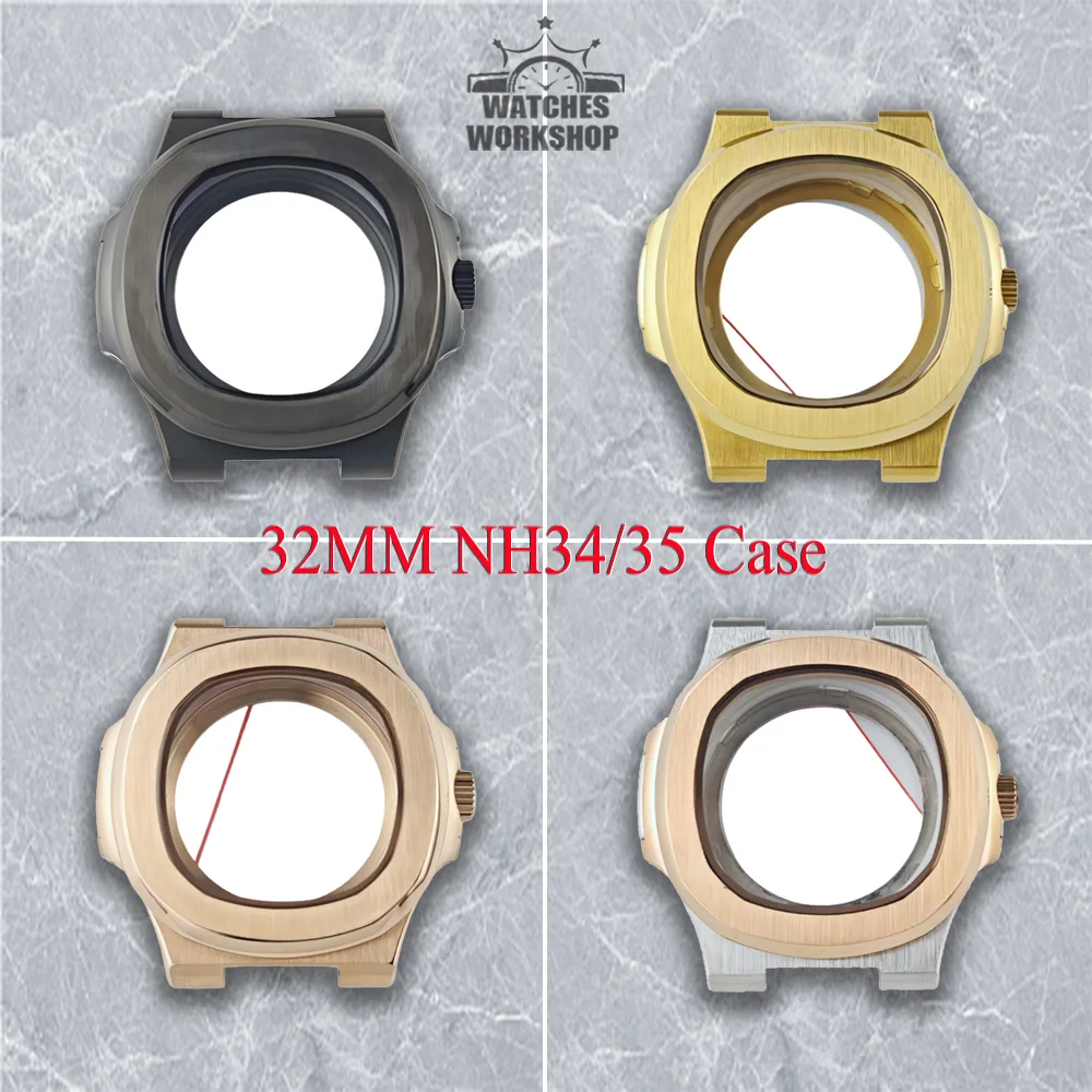 32mm Nautilus Style Sapphire Case Back Watch Case Fit NH34 NH35 4R35 Movement Sapphire Glass Waterproof Watch Mod Repalce Parts