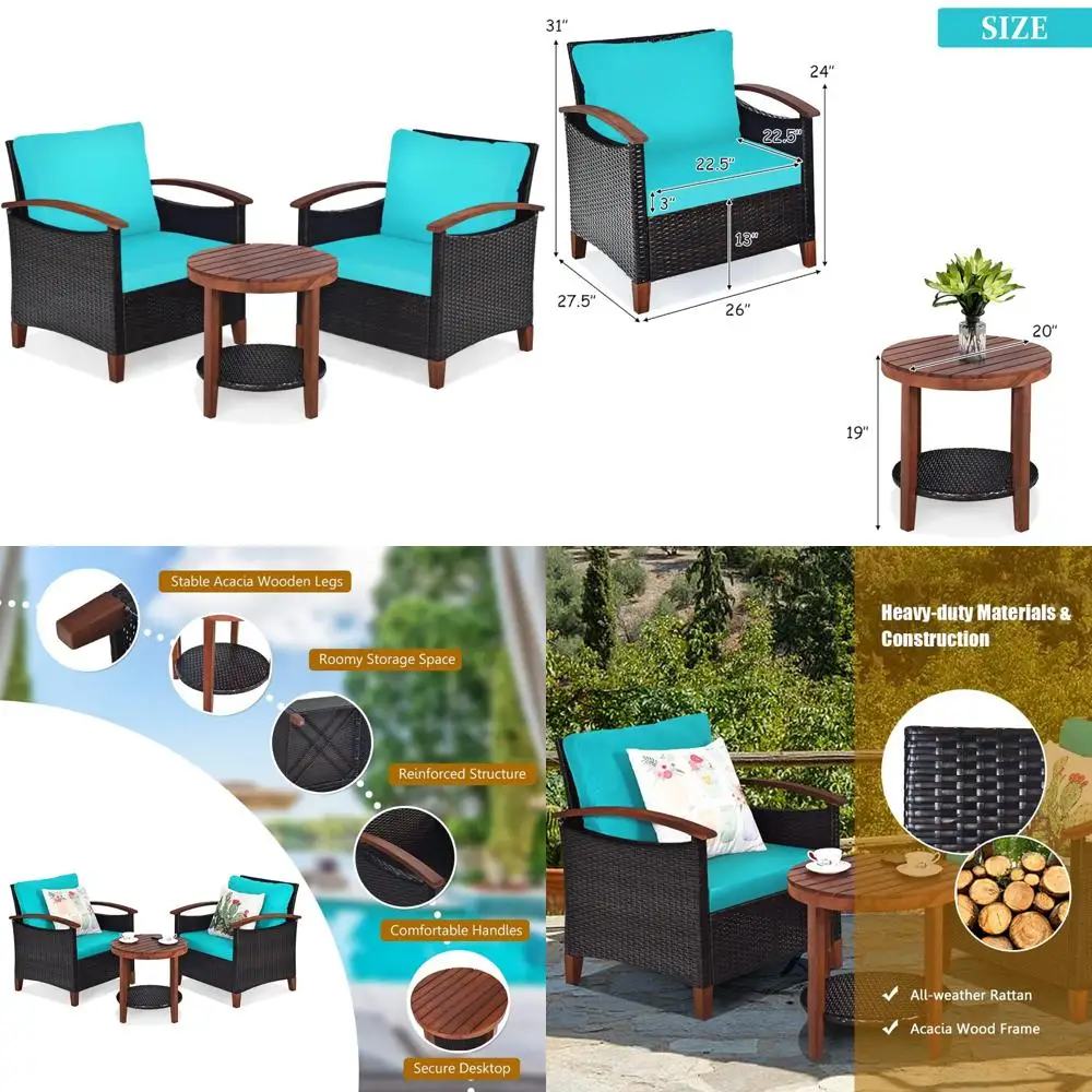 

Patio Rattan Furniture Set with Washable Cushions and Acacia Wood Table, Outdoor Sofa Set for High Load Capacity