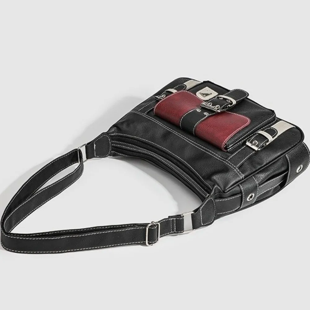 

INS Large Capacity PU Leather Crossbody Bag Exquisite Vintage Messenger Bag Adjustable Strap Contrast Color Large Handbag School