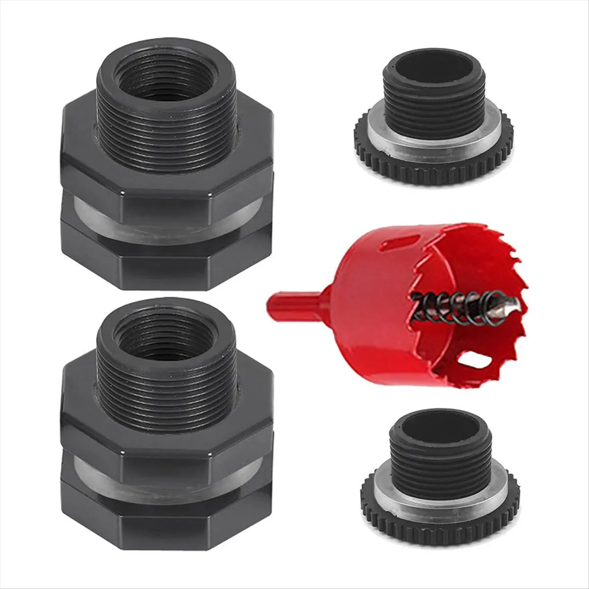 Y17A 2 PCS Rain Bulkhead Fitting Kit with Plugs and Hole Saw Tool, 1 Inch PVC Spigot Connector Kit for Rain Barrels