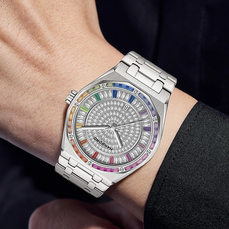 HANBORO Men Automatic Watch 40mm Mechanical Wristwatch Luminous Sapphire Mirror Full Crystal Dial