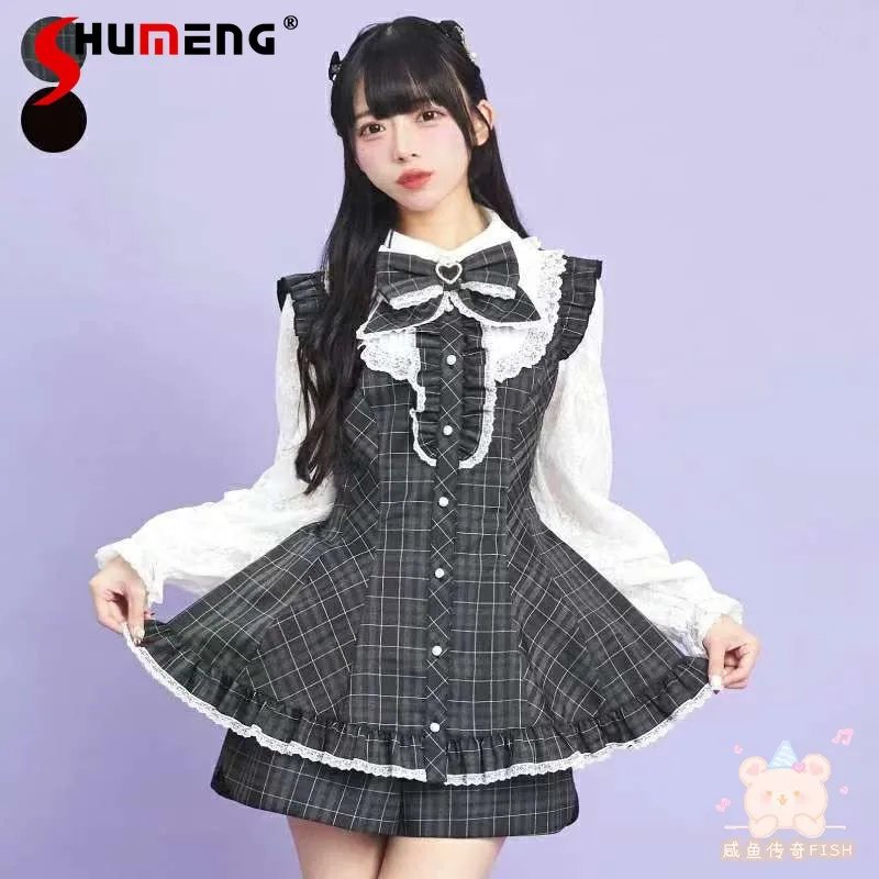 

Japanese Mines Style Mass-Produced Lolita Sets Bow Lace Patchwork Long Sleeve Dress High Waist Shorts Two-Piece Set Women Autumn