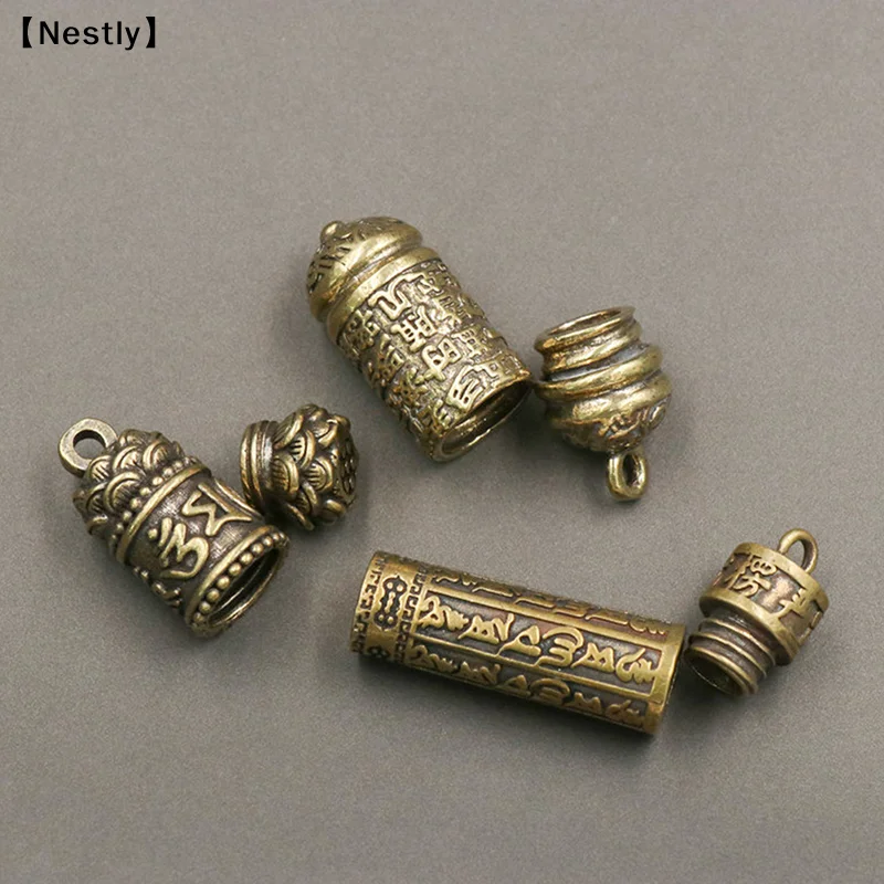 Hollow Brass Buddha Bottle Sutra Cylinder Pendant Keychain Necklace Jewelry Handmade Vintage Pill Box Container Keychains〔Nest〕
