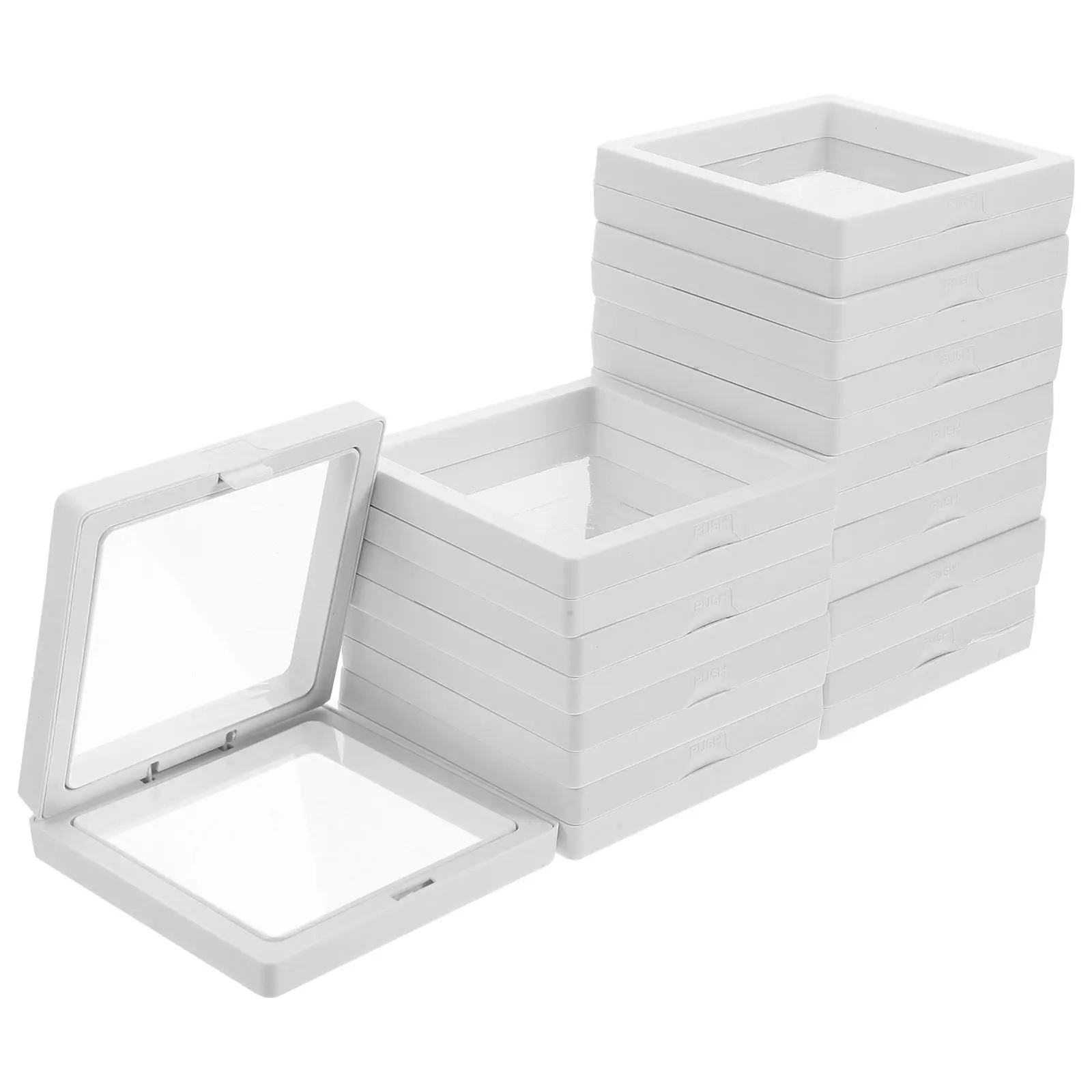 

12 Sets 9x9x2cm Black Transparent PE Film Boxes Floating Display Frames for Jewelry Medals Coins Stamps Dustproof Waterproof