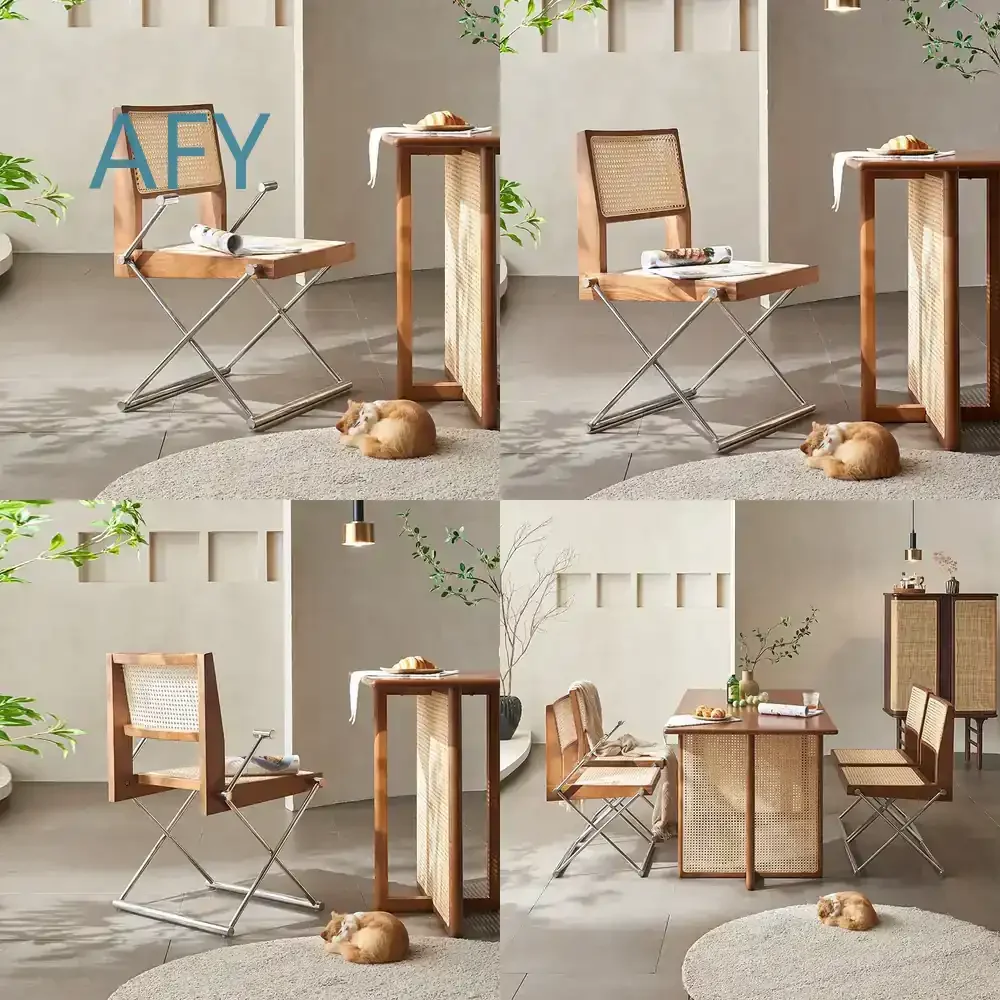 Retro Rattan Dining Chairs for Home Living Room for Solid Wood Armchair for Stainless Steel Backrest Leisure Chair for