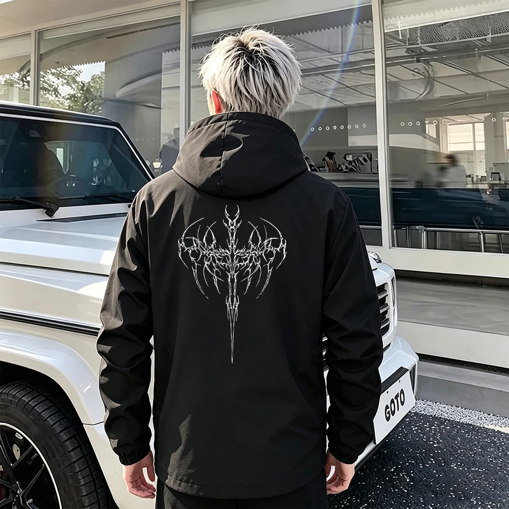 Men Full Zip Jacket Side Stripes Stand Up Hooded Coat for Casual Sport Daily Streetwear Workout Tops Spike Skeleton Sword Print