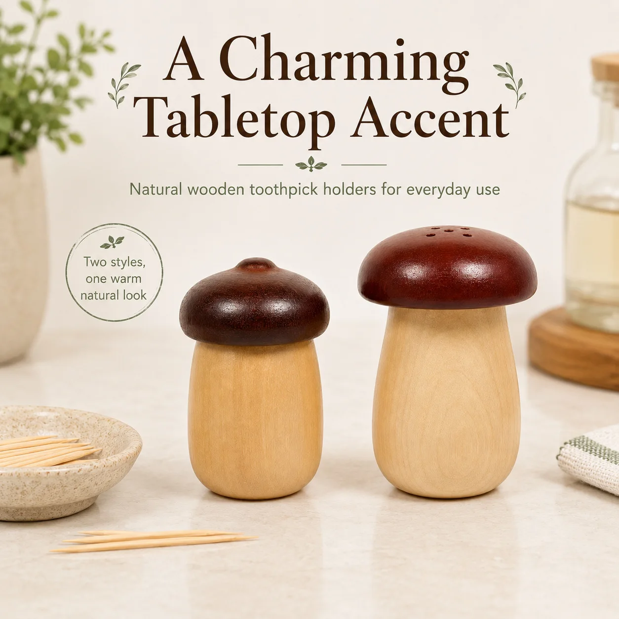 Cute Mushroom Wooden Toothpick Holder Dispenser Natural Walnut Wood Acorn Toothpick Box Kitchen Tabletop Decor Organizer Gift