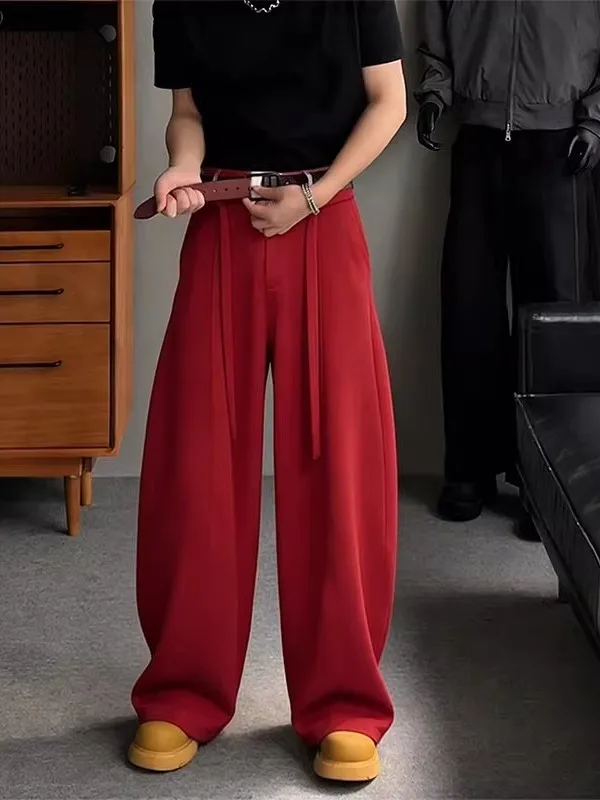 

Red Knife Pleated Men's Wide Leg Casual Pants Spring Cleanfit Drapey Woolen Trousers High-End Feel Straight Cut Retro Sle