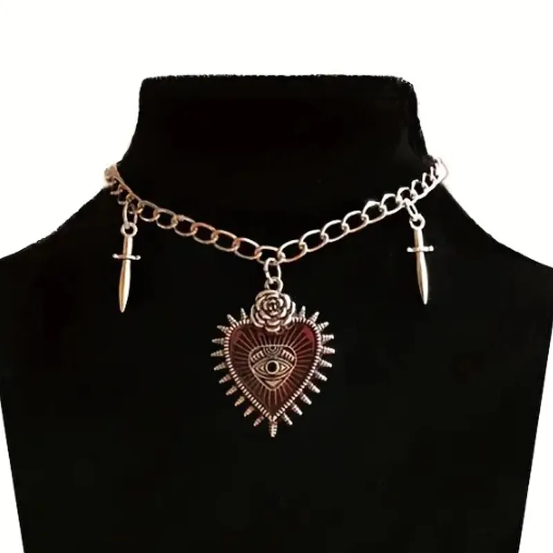 Retro Gothic Heart shaped Jewelry Necklace Devil's Eye Pattern Hot selling Hip Hop Sword Alloy Pendant Necklace for Men and Wome