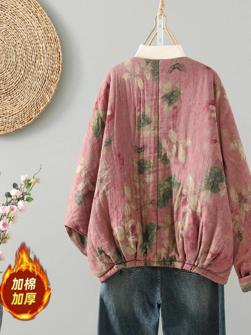 2025 جديد خريف جديد خمر القطن والقنب مطبوعة جديد النمط الصيني الخفافيش كم سترة قطن معطف مبطن فضفاض W997 #3