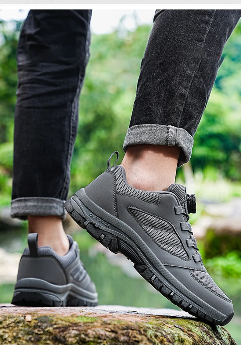 Comfortable Non-slip Sporty Shoes Plus Size Men Leather Male Sneakers Stylish Rotating Buckle Hiking Boots Solid Color