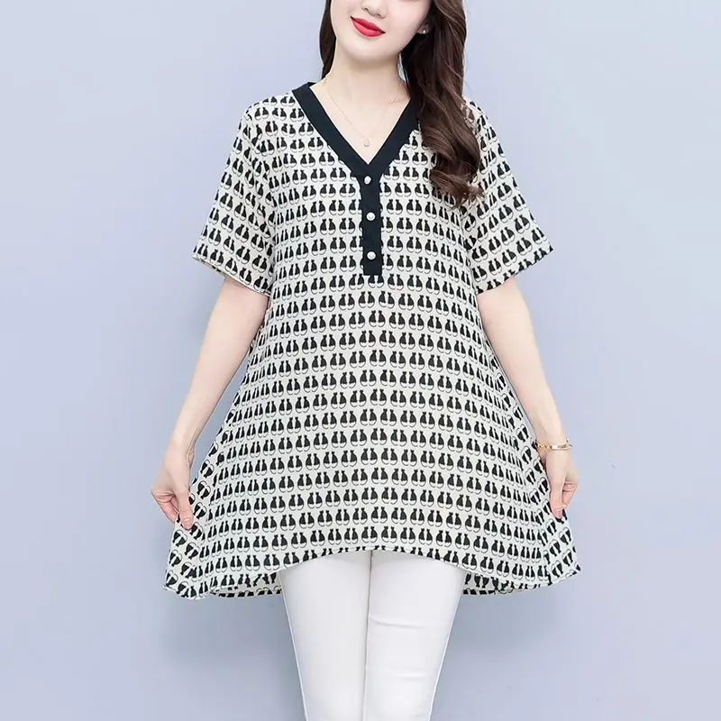 Korean Minimalist New Summer Printing Women\'s V-neck Button Fashion Versatile Short Sleeve Loose Mid Length Chiffon Shirt Tops