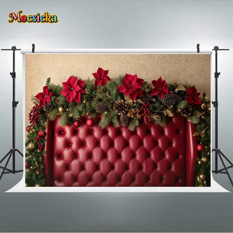 Mocsicka-写真の背景、クリスマスヘッドボード、子供と家族、子供と大人、クリスマスツリー、赤いカーテンの背景
