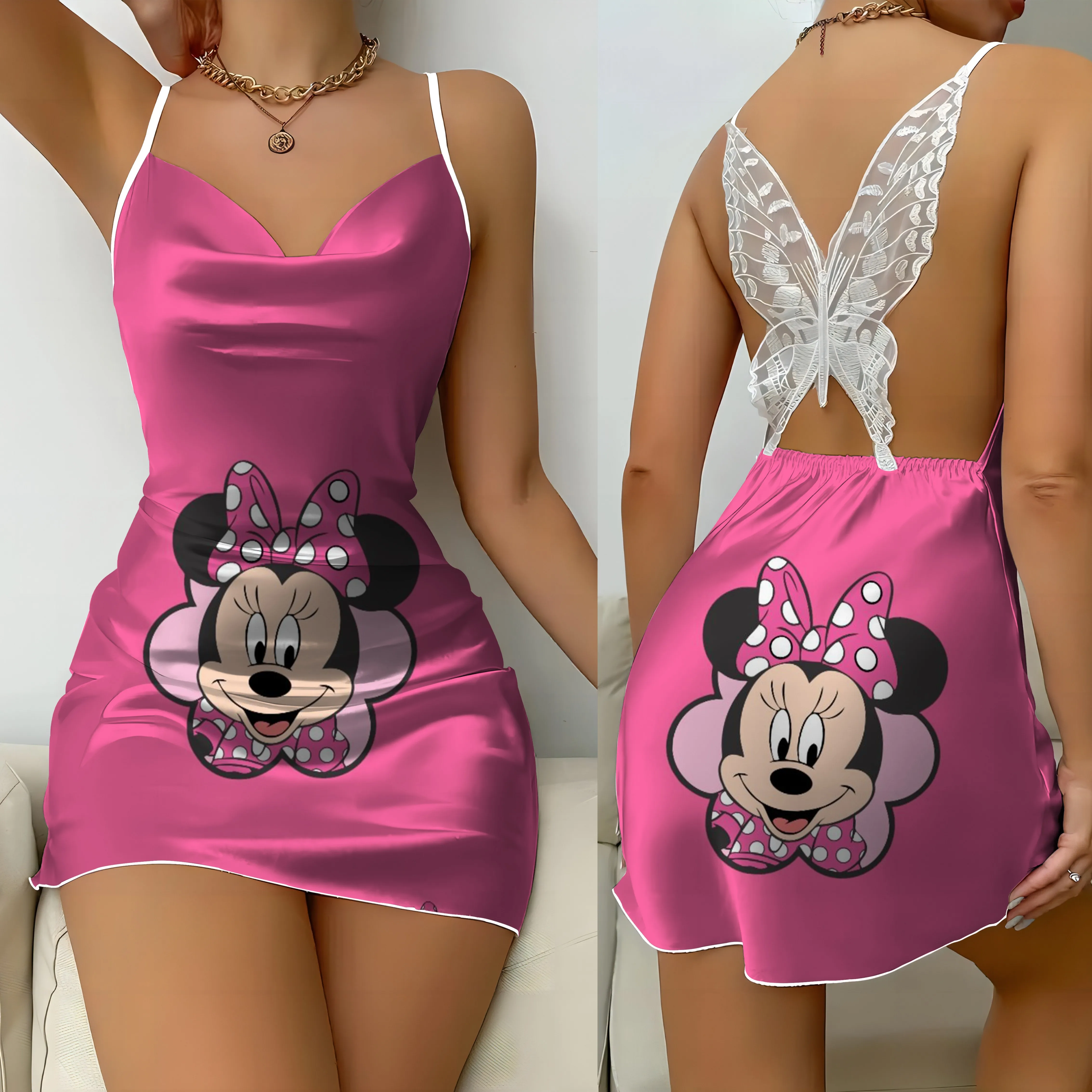 Vestido de fiesta con falda de encaje para mujer, minivestido Sexy con lazo de Mickey y Minnie Mouse, superficie de satén, 2024