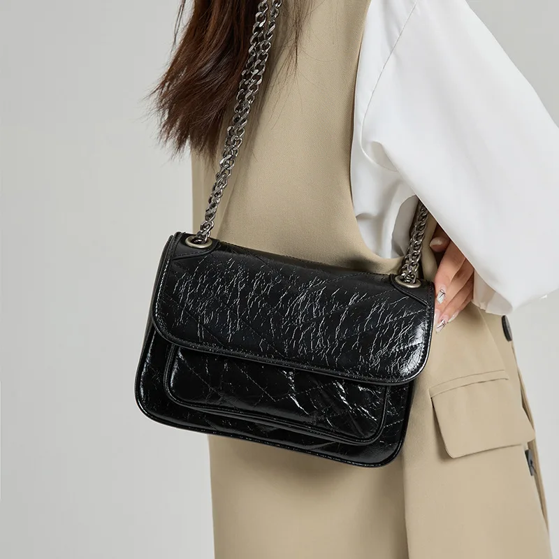 

2025 New Niche High-end Shoulder Bag Women's Fashion Chain Bag Crack Top Layer Cowhide Crossbody Bag for Women