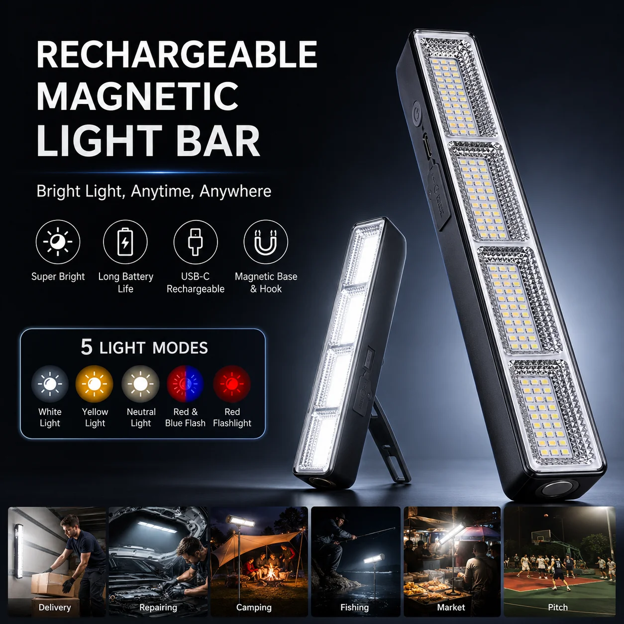 磁気式LEDワークライトバー USB充電式 ポータブル 3モード IP66防水 緊急用パワーバンクランプ キャンプ ガレージ 修理 RV用