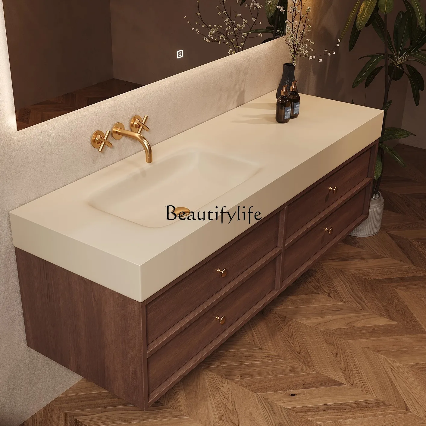 

Vintage medieval style bathroom cabinet rock slab hot bending seamless integrated basin smart bathroom washstand