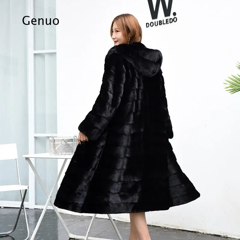 Women's Faux Mink Fur Coat Long Hooded Winter Warm Outerwear Slim Fit Elegant Jacket for Daily Party Streetwear