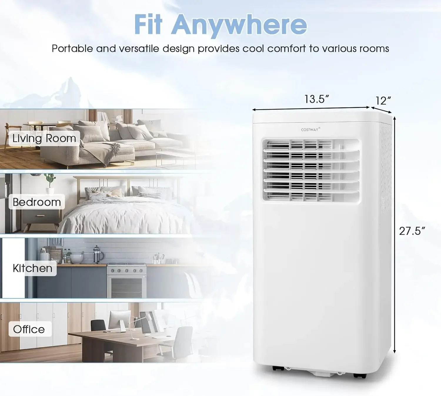 Climatiseur portable avec télécommande, unité AC 8000 BTU, aquarelle intégrée, mode ventilateur, mode veille, minuterie 24h