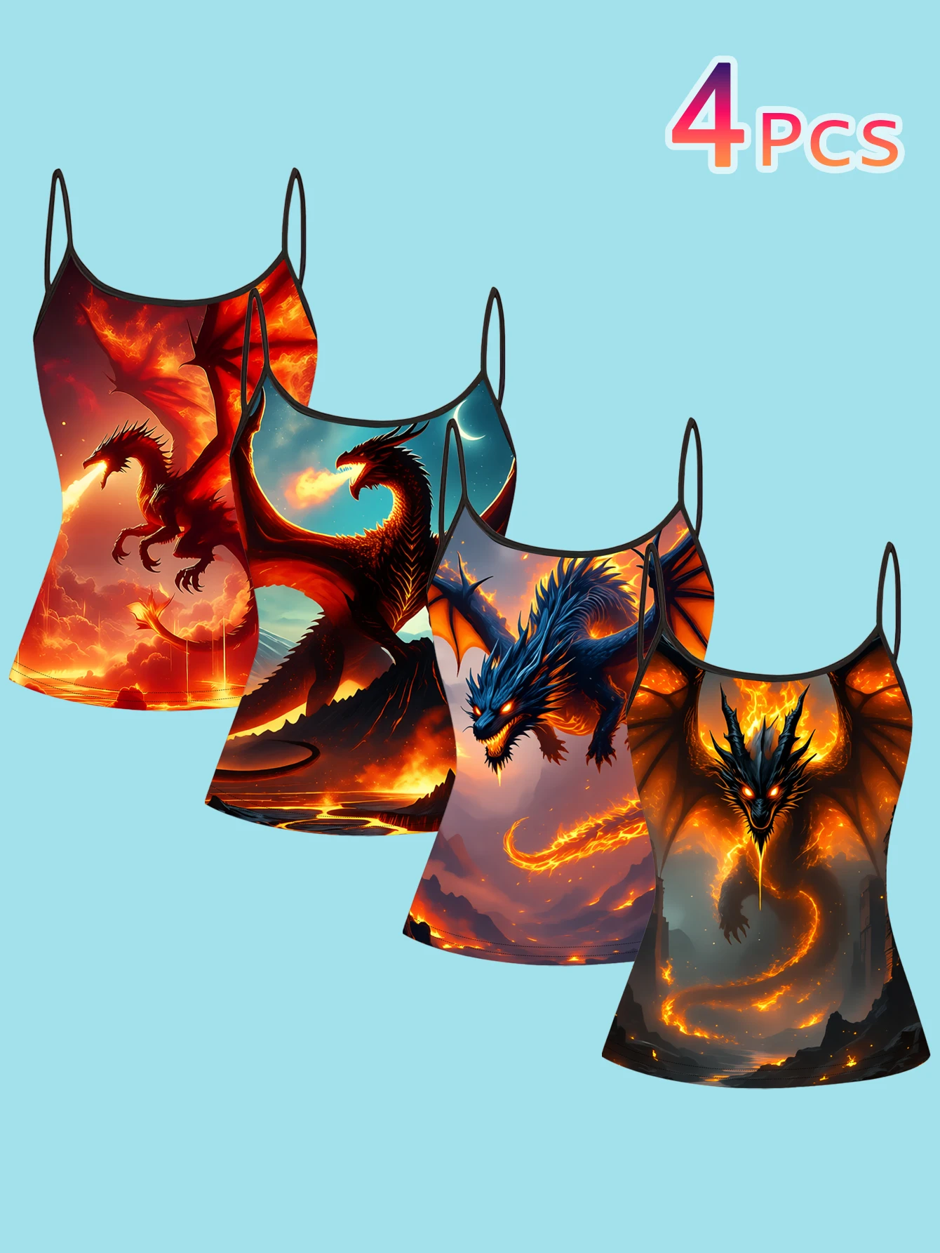 4-Piece Set of Flame Dragon Print Camisoles, Flame Dragon Volcano Lava Spaghetti Strap Sleeveless Tops, Dark Fantasy Style Slim Fit Inner and Outer Wear Vest Set