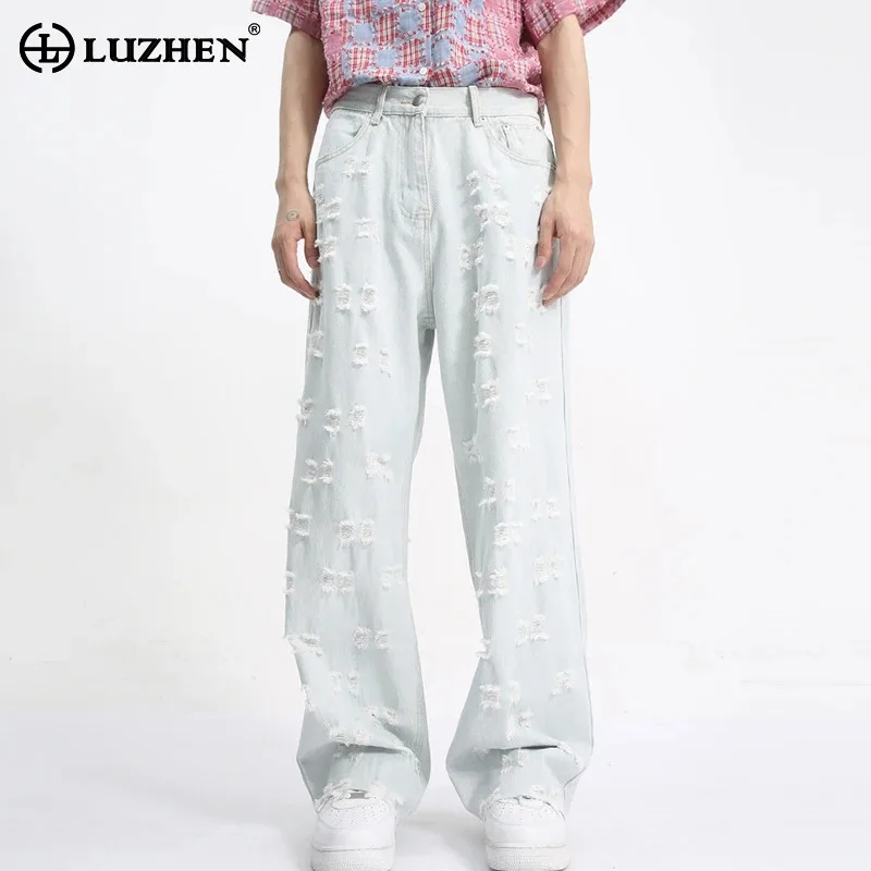 

LUZHEN Personality Patched Design Trendy Washed Denim Pants Spring New Stylish Street Men's Straight Jeans Free Shipping LZ3636