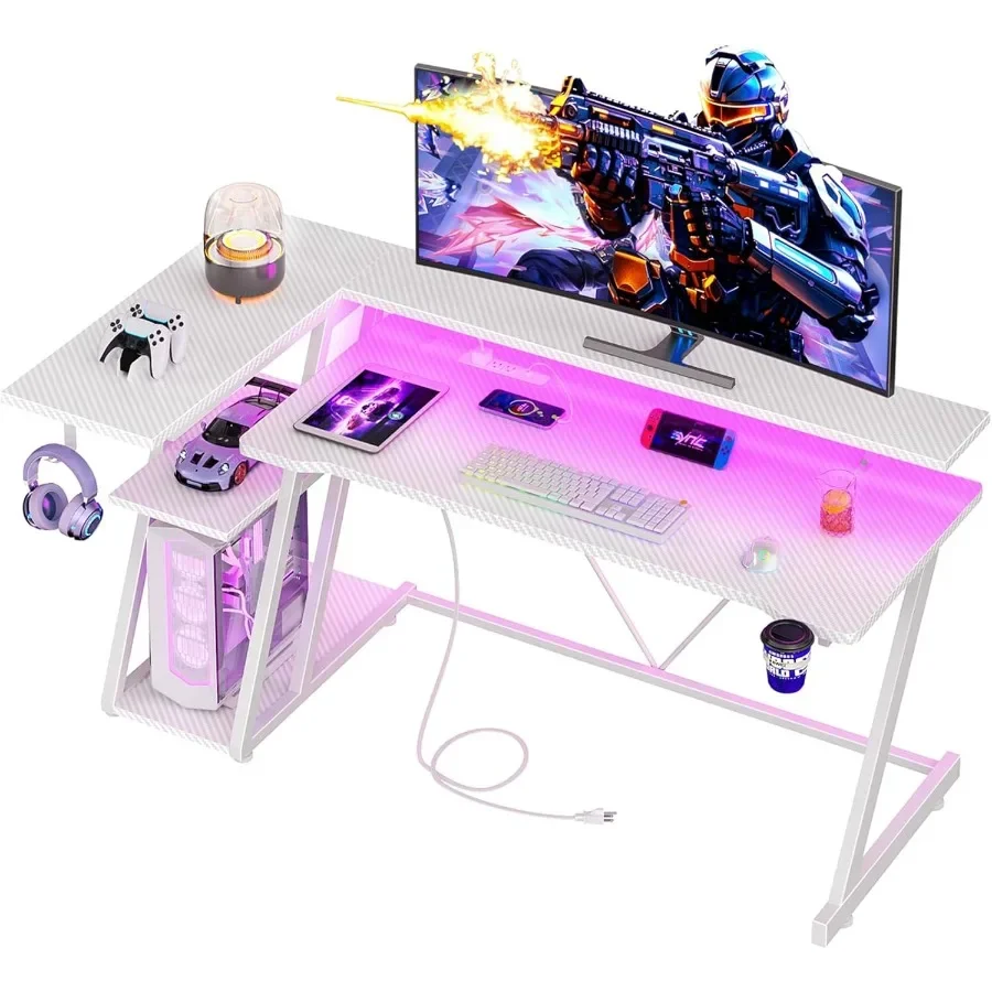 مكتب ألعاب أبيض مقاس 55 بوصة مع مخرج طاقة وأضواء LED مكتب كمبيوتر على شكل حرف L يتميز بأرفف تخزين من 3 طبقات قابلة للعكس #1